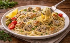 Паста с курицей и грибами в сливочном соусе