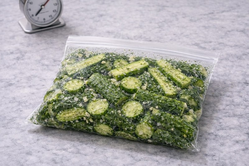 Малосольные огурцы в пакете с чесноком и укропом