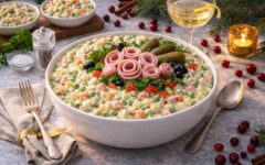 Классический салат оливье с колбасой