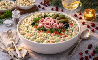 Классический салат оливье с колбасой
