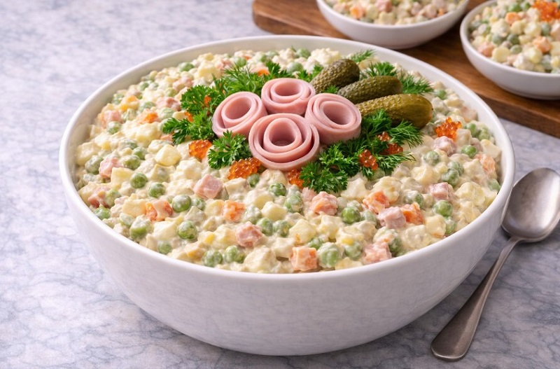Классический салат оливье с колбасой