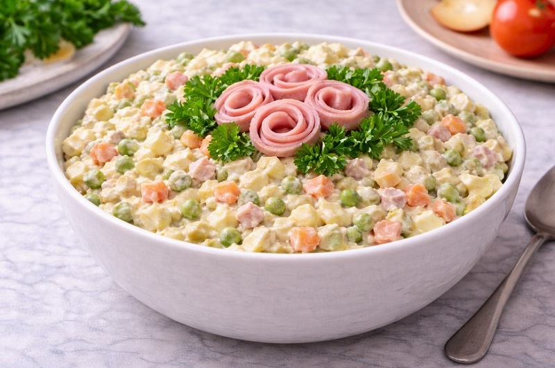 Классический салат оливье с колбасой