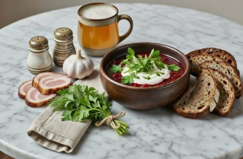 Борщ с курицей, свежей капустой и свеклой