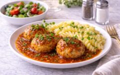 Тефтели из куриного фарша и риса в томатном соусе в кастрюле